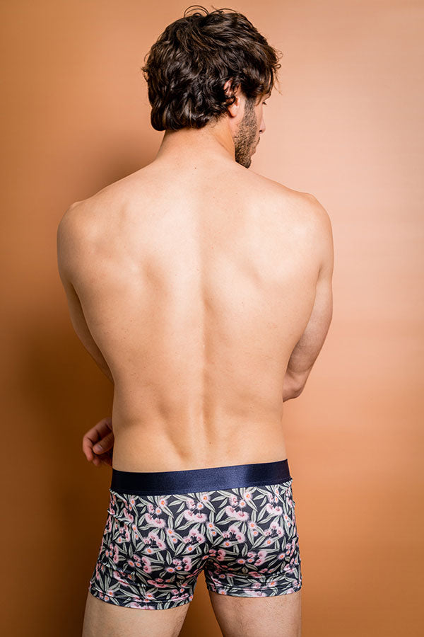 Comfortable men's underwear made from bamboo with vibrant pink and green Flowering Gum design