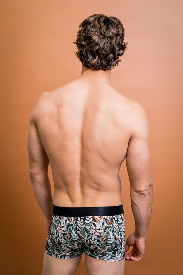 Comfortable men's underwear made from bamboo with burnt orange and white Protea designs