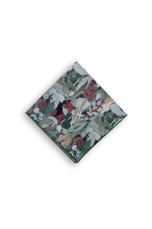 Stylish 100% cotton pocket square, celebrating the Australian Spotted Gum with its distinct mottled patterns and subtle green and brown tones