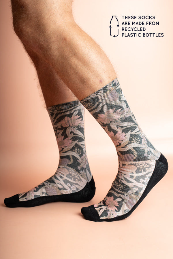 Recycled polyester socks featuring a detailed native flower design, ideal for adding a touch of nature-inspired style to any outfit