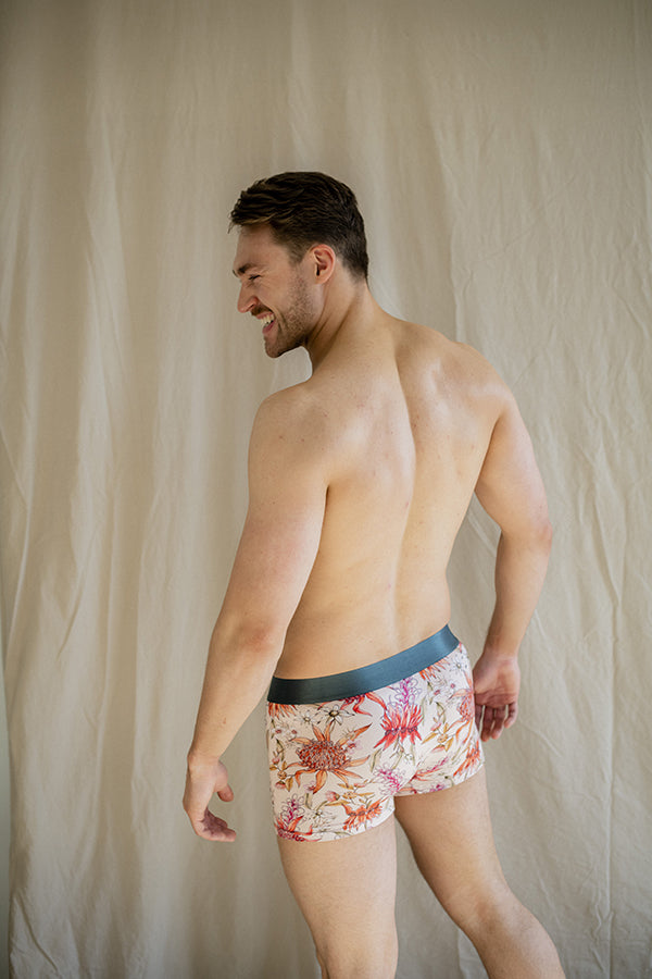 Eco-friendly bamboo boxer briefs adorned with native Australian floral patterns