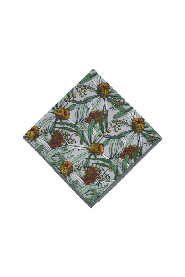 Men's grey pocket square with green, white, and pastel yellow Banksia design for weddings and formal events