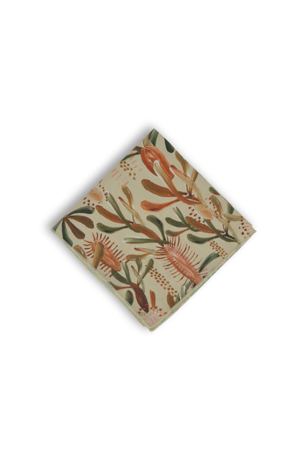 Artistic pocket square depicting the ancient and hardy Australian grass tree, rendered in warm, natural colors against a nude base, ideal for enhancing any suit