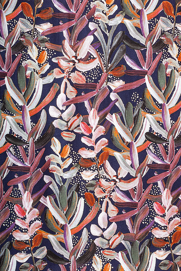 Simple yet striking print featuring white and pink protea flowers set against a deep navy background, capturing the flower's unique elegance