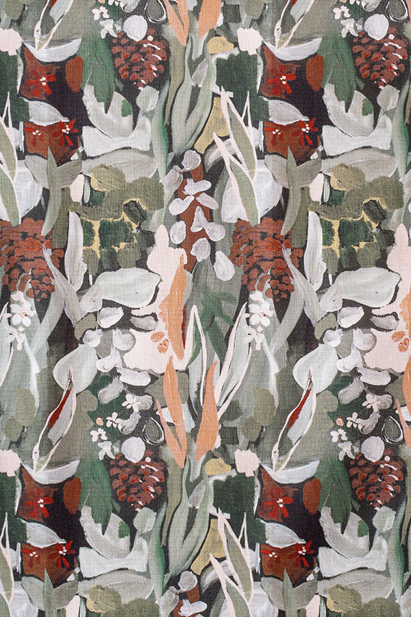 Intricate spotted gum leaf print in green, featuring detailed patterns and natural textures that capture the essence of this Australian native plant